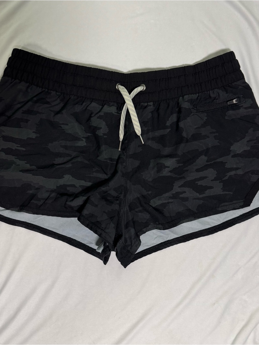 Vuori Women’s Black Camo Athletic Shorts with Drawstring, 2” Inseam, Size Large